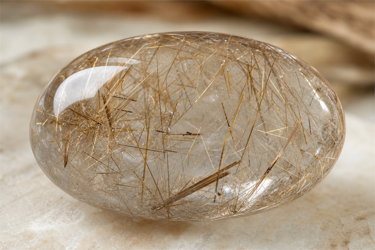 Macro view of fine golden and brown rutile needles enclosed at different depths in a clear quartz cabochon