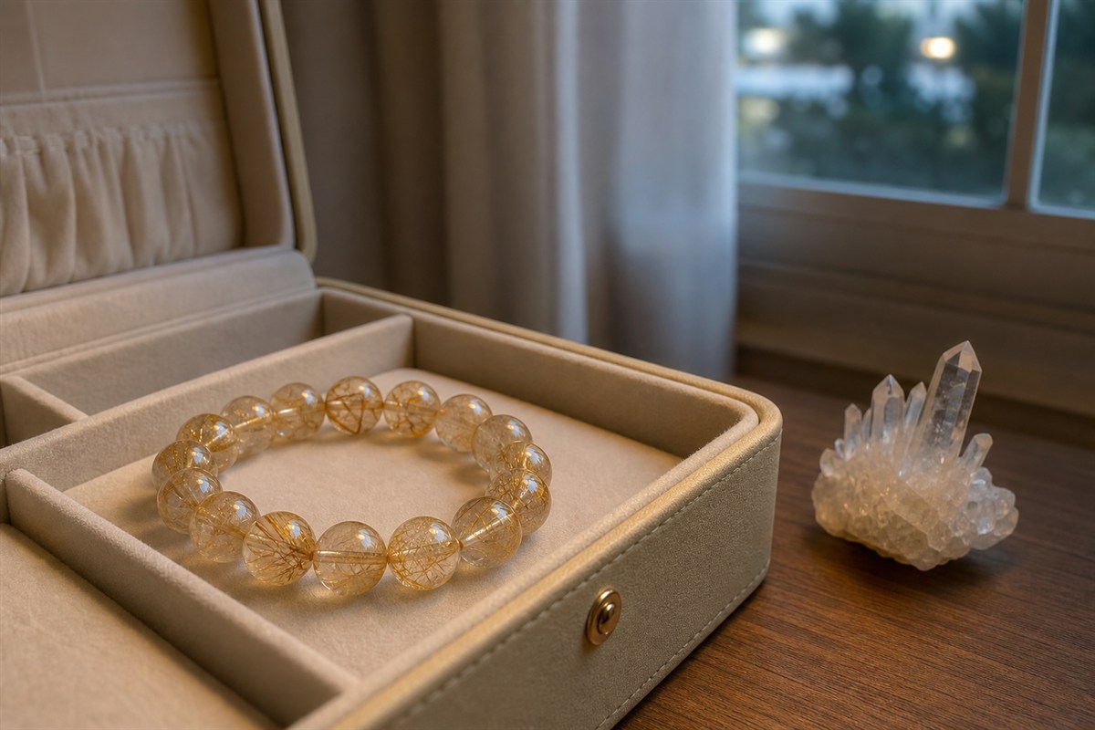 Rutilated quartz bracelet stored in a divided jewelry box near soft moonlit window light