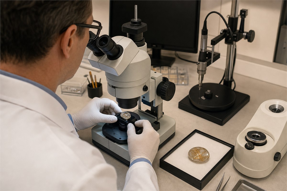 Gemologist examining rutilated quartz under a binocular microscope in an unbranded laboratory