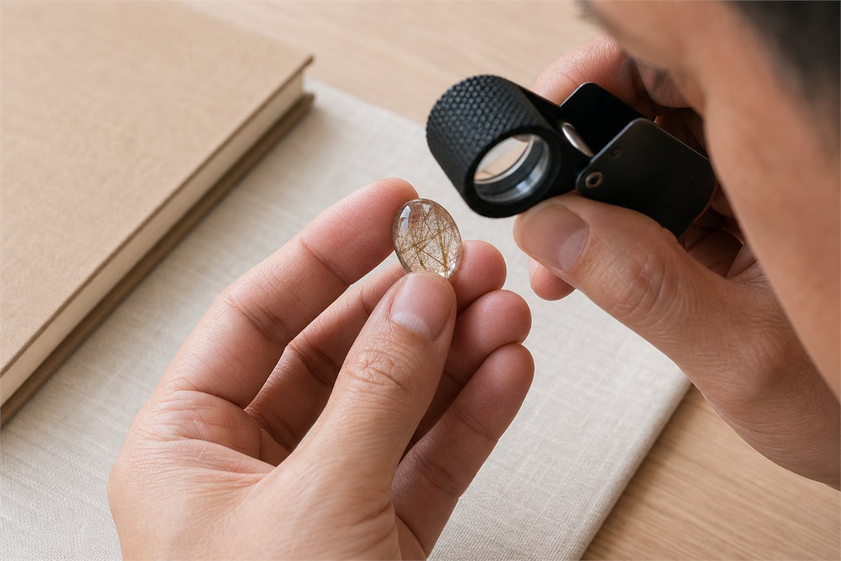 Person examining a rutilated quartz cabochon with a jeweler’s loupe over a neutral cloth