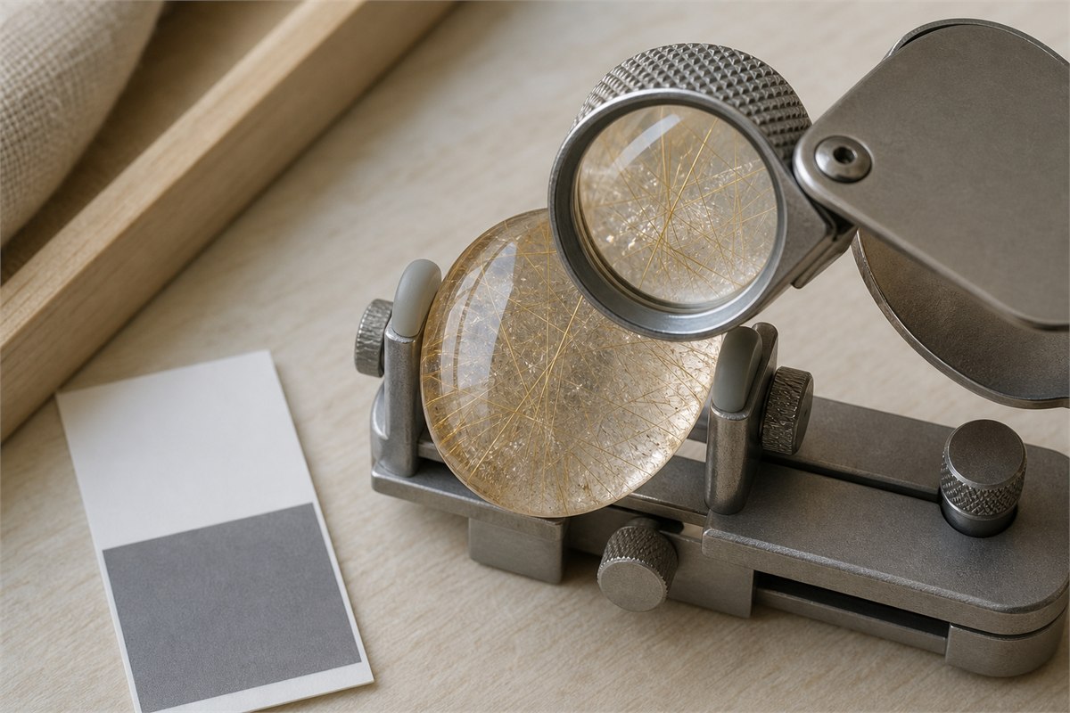 Rutilated quartz cabochon secured in a gem holder beneath a folding loupe and neutral contrast card