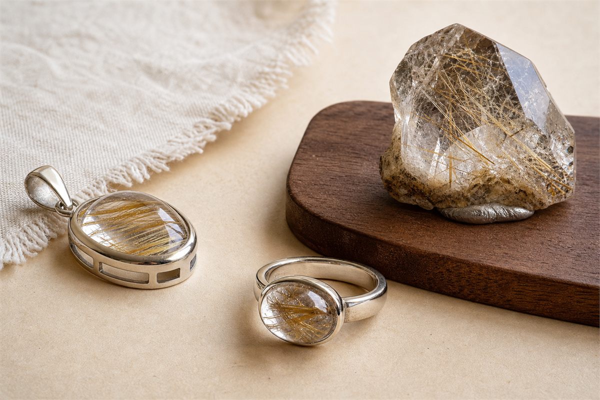 Rutilated quartz pendant, protective ring setting, and natural crystal specimen shown from useful inspection angles