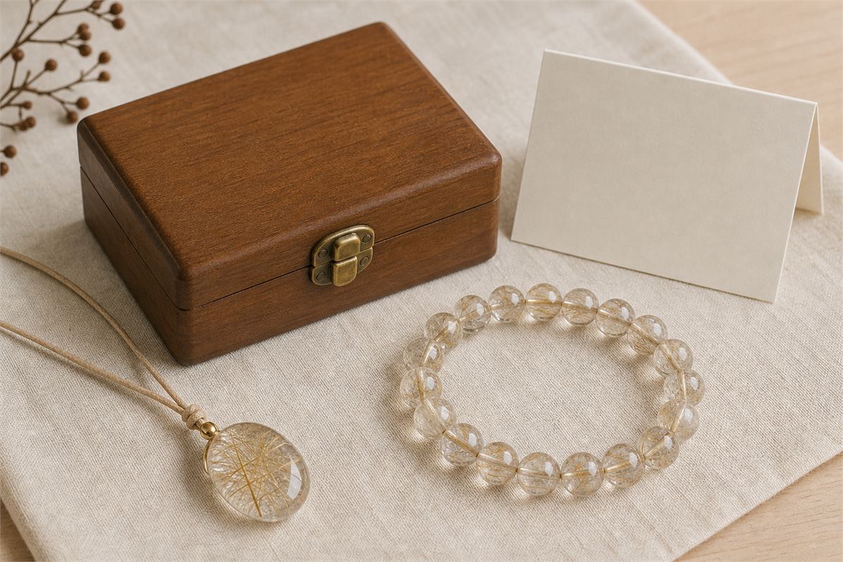 Rutilated quartz pendant and bead bracelet beside a closed wooden keepsake box and blank folded note