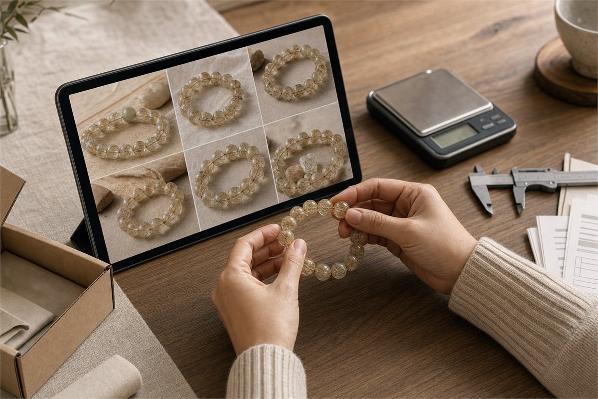 Buyer comparing a rutilated quartz bracelet with multiple-angle listing photos, calipers, scale, and saved order records