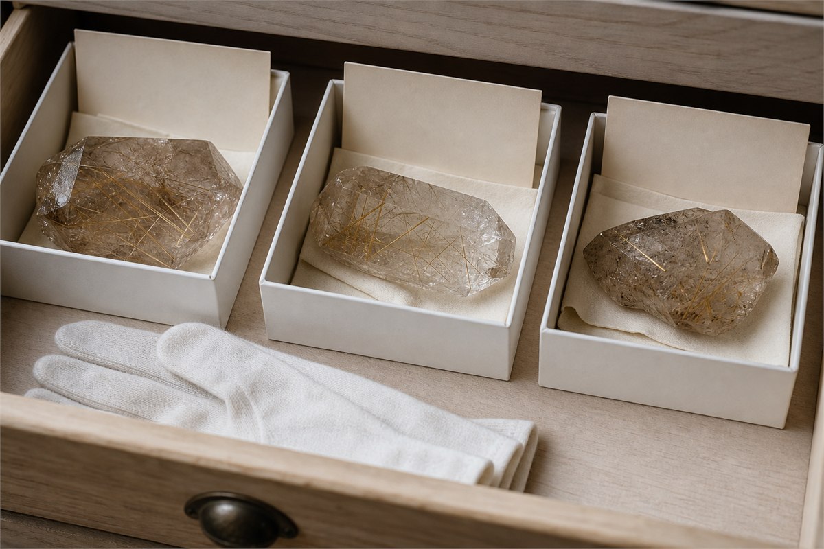 Three rutilated quartz specimens in archival boxes with blank provenance cards and a cotton glove
