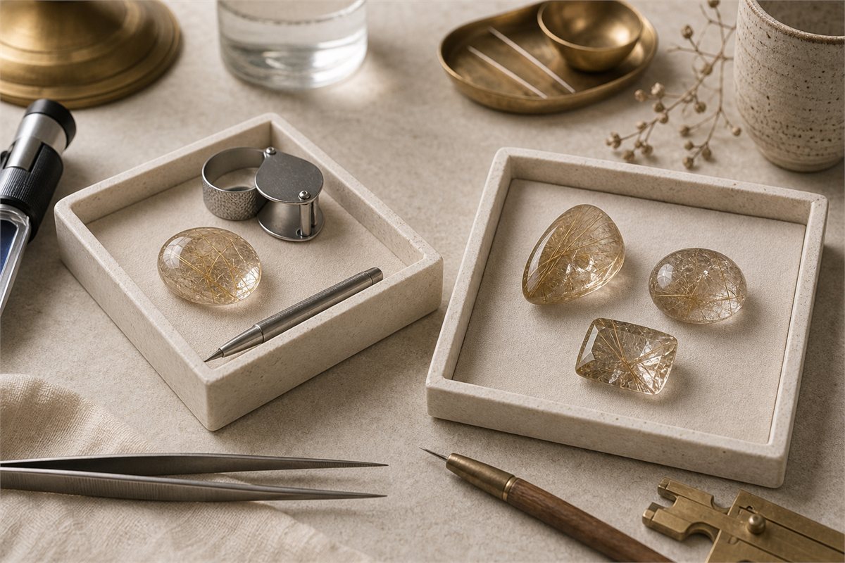 Two gemology trays assessing one rutilated quartz piece for material identity and another for cut, polish, fractures, and matching