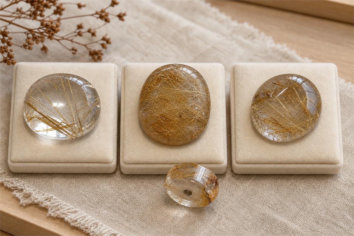 Three rutilated quartz cabochons with different transparency and inclusion density beside a drilled bead with an edge chip