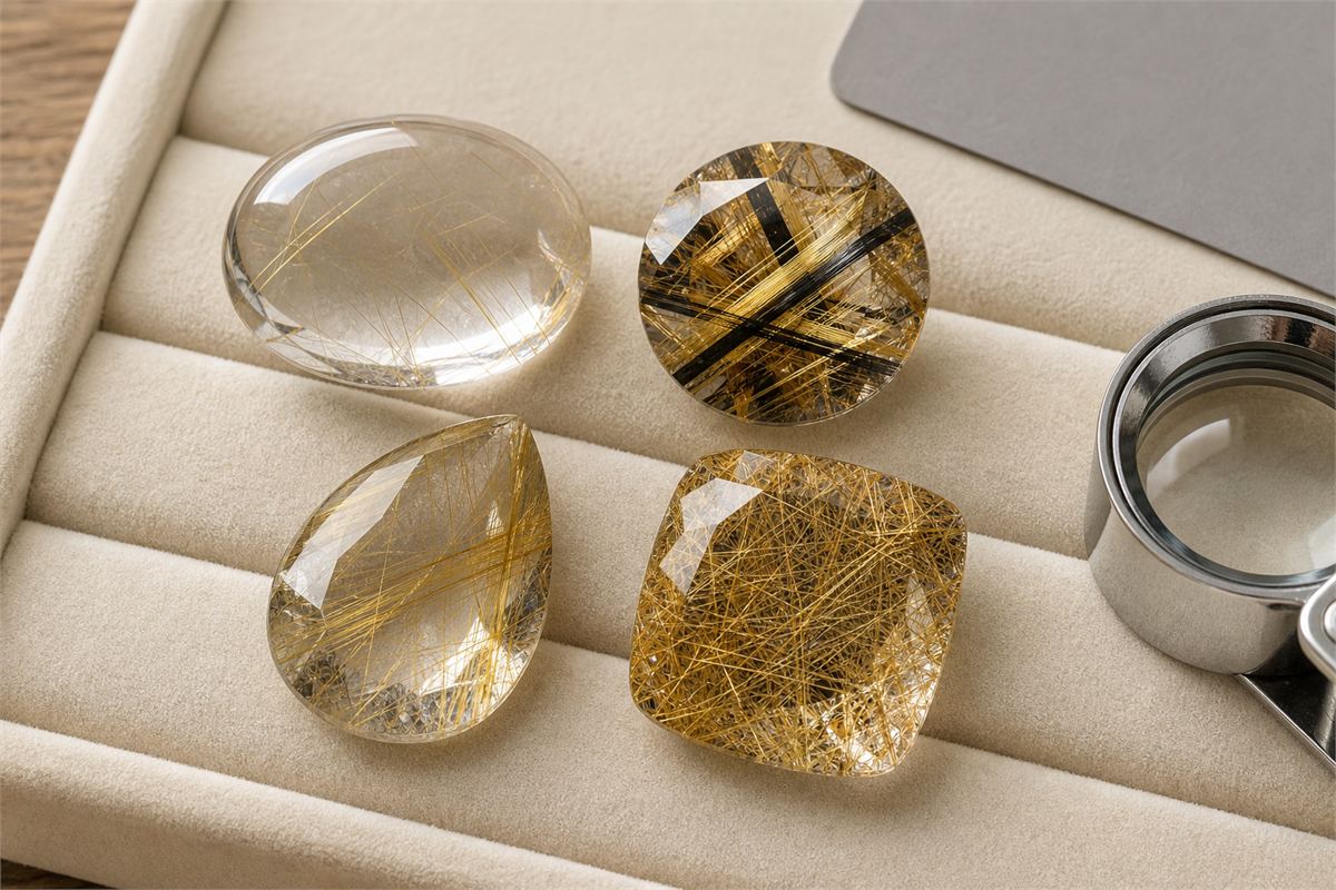 Four attractive rutilated quartz stones showing different transparency, contrast, orientation, and inclusion density