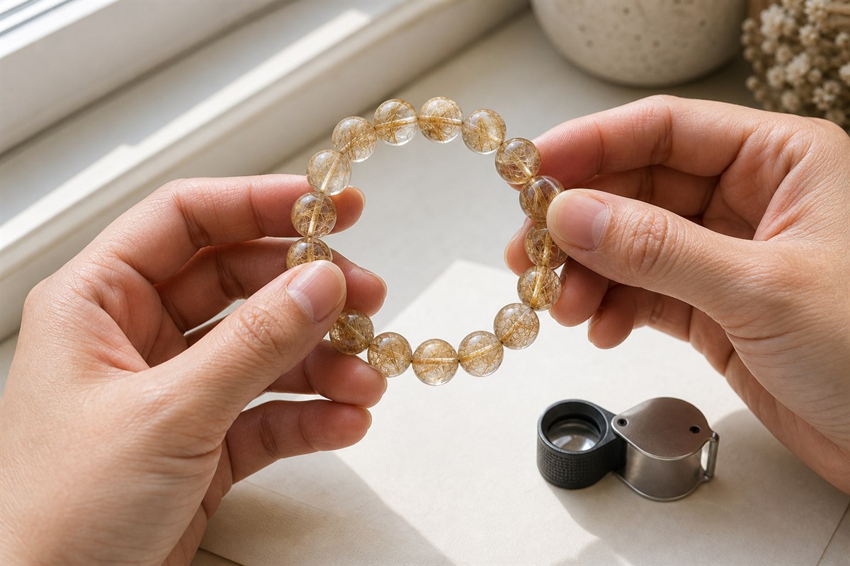 Hands inspecting rutilated quartz beads in daylight for clarity, polish, drill holes, and matching