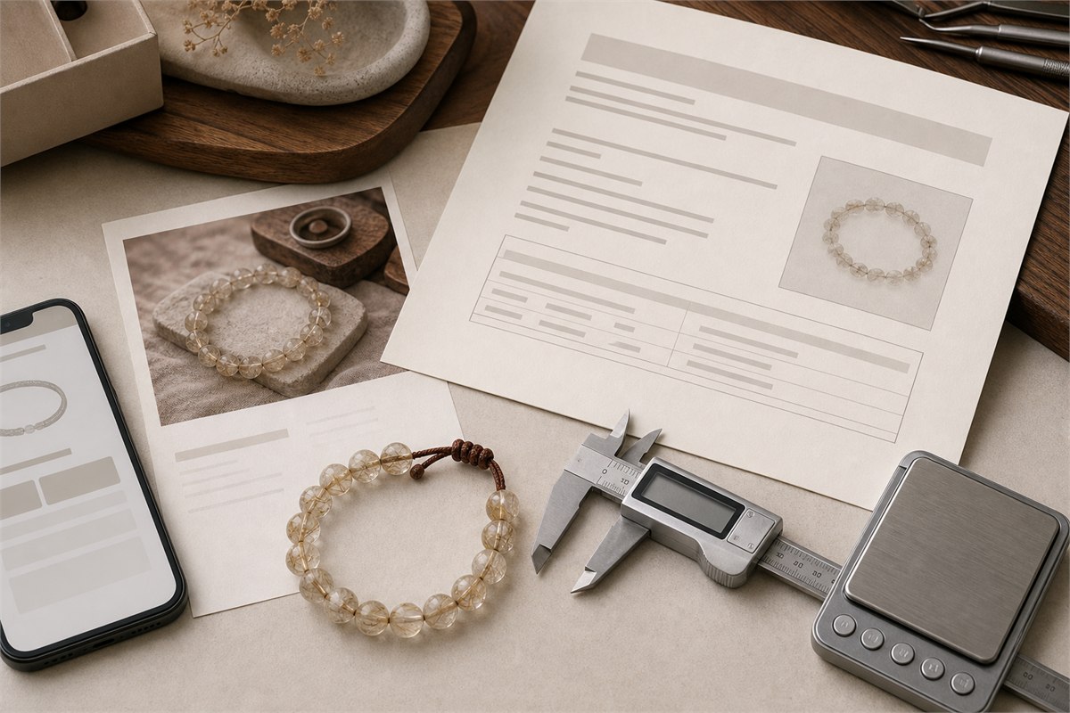 Rutilated quartz bracelet compared with calipers, scale, item photograph, and a generic unreadable laboratory report