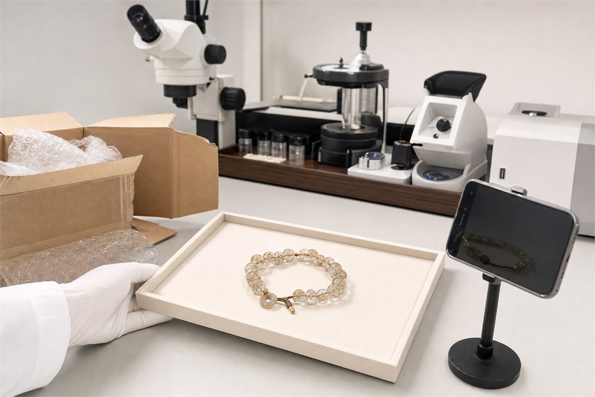 Opened parcel with intact rutilated quartz jewelry on a gemology intake tray beside microscope and polariscope equipment