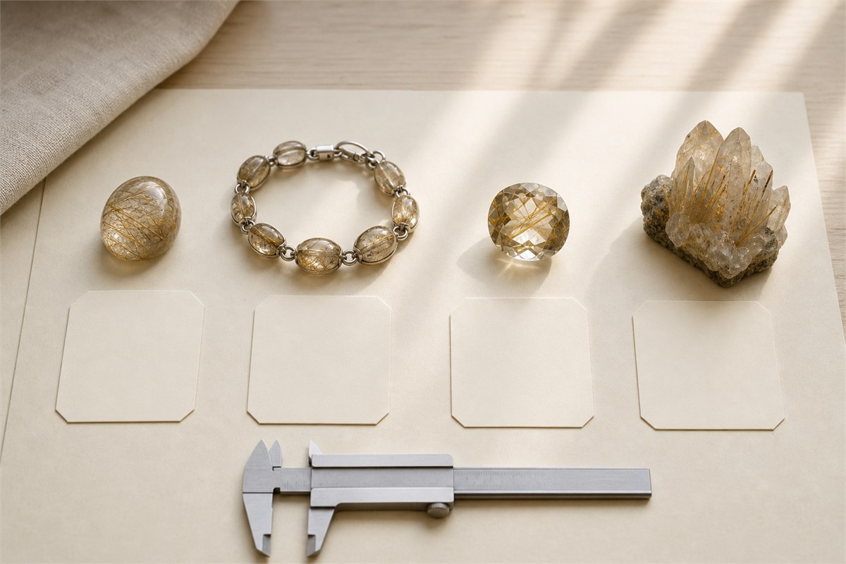 Rutilated quartz cabochon, bracelet, faceted gem, and crystal specimen with blank condition cards and caliper