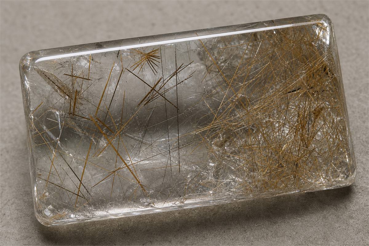 Transparent quartz tablet containing isolated rutile needles, intersecting bundles, and dense networks