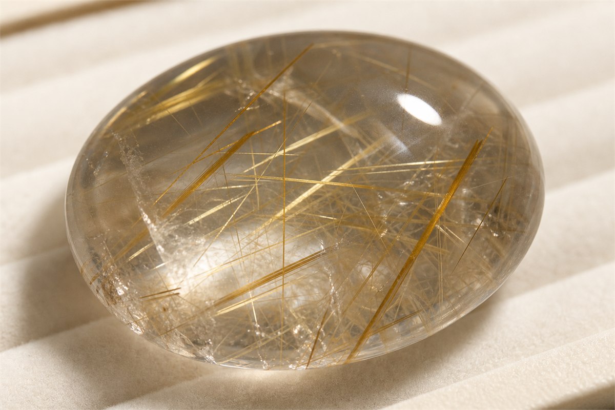 Macro view of golden rutile needles enclosed at different depths inside polished transparent quartz