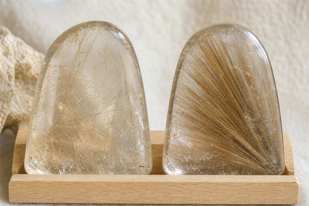 Two clear quartz slices showing sparse fine rutile needles and a dense brushlike bundle of overlapping needles