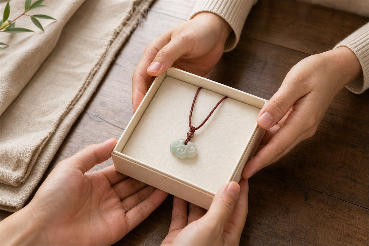 Hands passing an open paper box containing a pale jade ruyi-cloud pendant