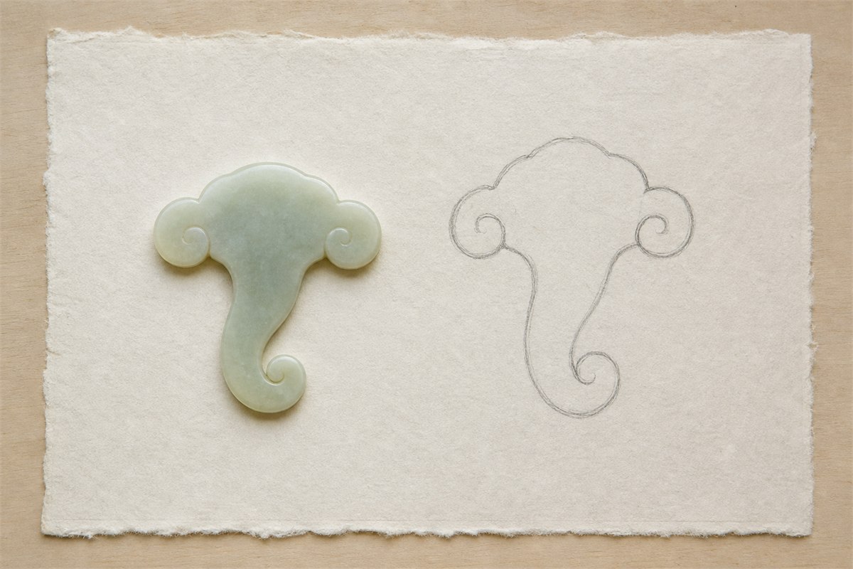Carved pale jade ruyi-cloud sample beside an unlabeled contour drawing