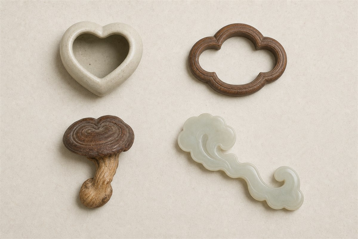 Heart, scalloped border, lingzhi-like carving, and ruyi-cloud motif shown as separate samples