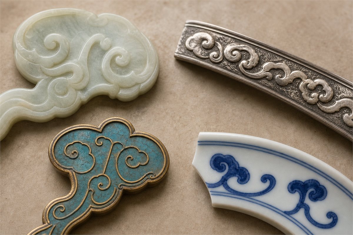 Jade, chased silver, cloisonne, and porcelain samples with ruyi-cloud designs