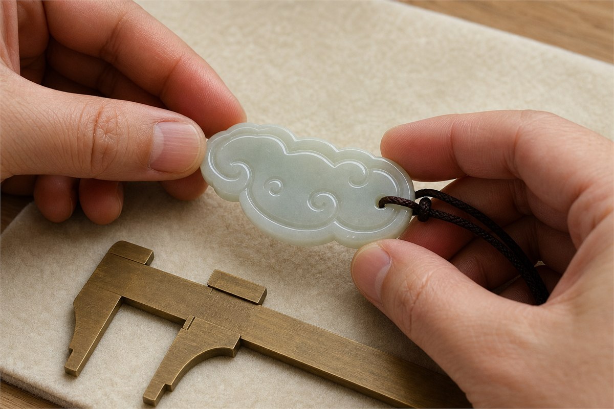 Hands inspecting a pale jade cloud pendant beside an unmarked brass caliper