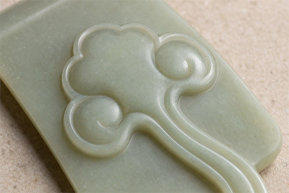 Macro view of a ruyi-cloud relief carved into a pale jade plaque