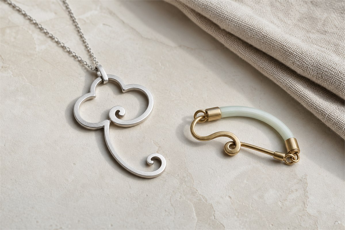 Openwork silver pendant and jade brass clasp based on ruyi-cloud curves
