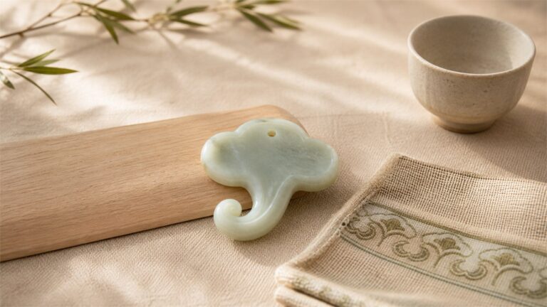 Pale jade ruyi-cloud pendant beside a woven ruyi-head border and cream ceramic cup