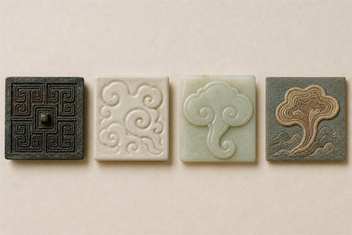 Four craft samples showing angular yunleiwen, scrolling cloud, ruyi cloud, and lingzhi-like forms