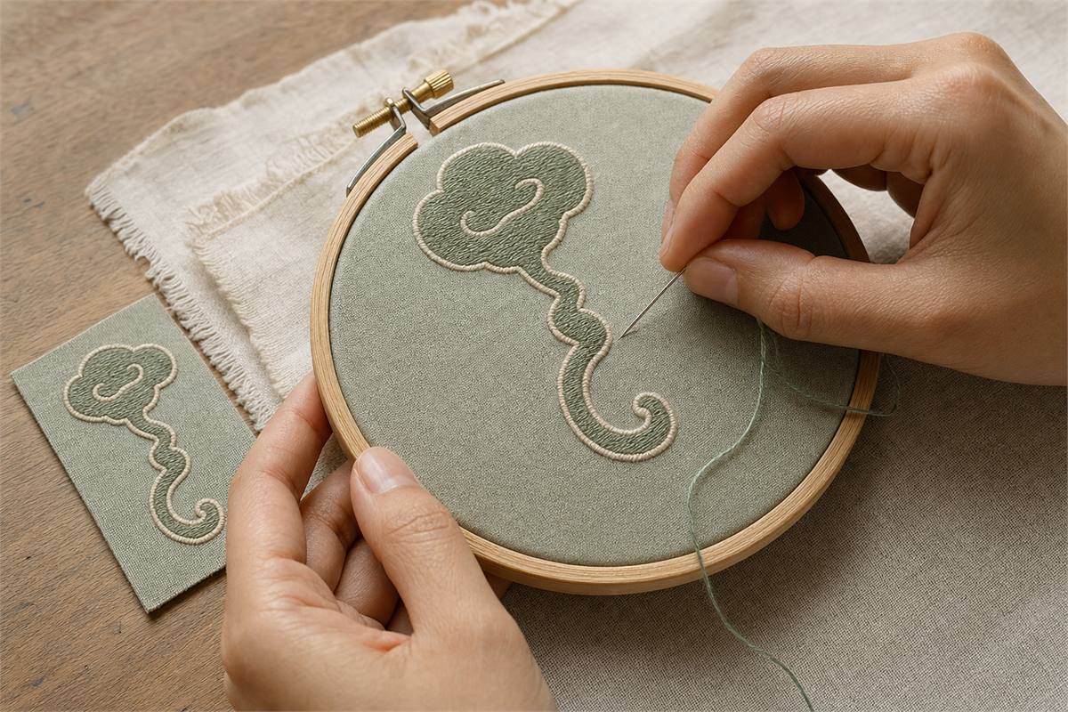 Hands embroidering a ruyi-cloud curve in celadon silk inside a wooden hoop