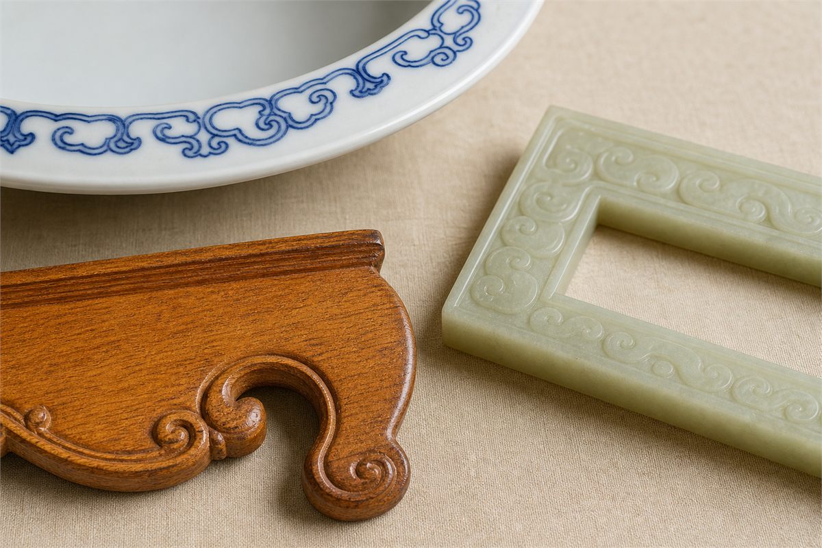 Ruyi-head designs on porcelain, carved wood, and a pale jade border