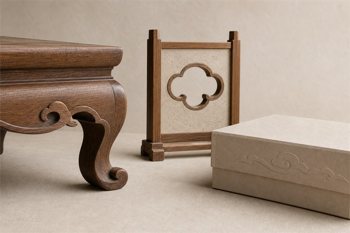 Carved wood furniture detail, lattice sample, and embossed paper box using ruyi-head curves
