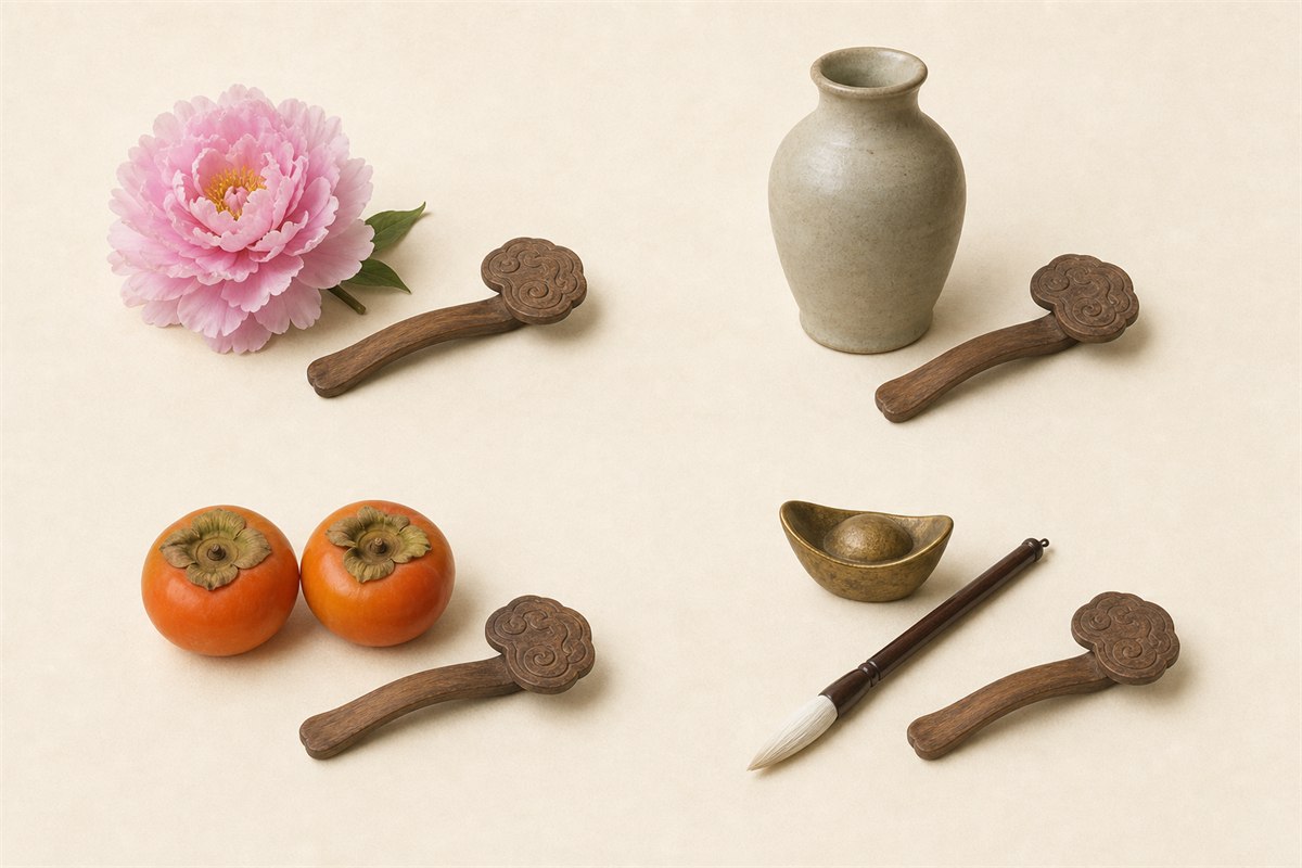 Separate groupings of peony, vase, persimmons, brush, ingot, and wooden ruyi objects