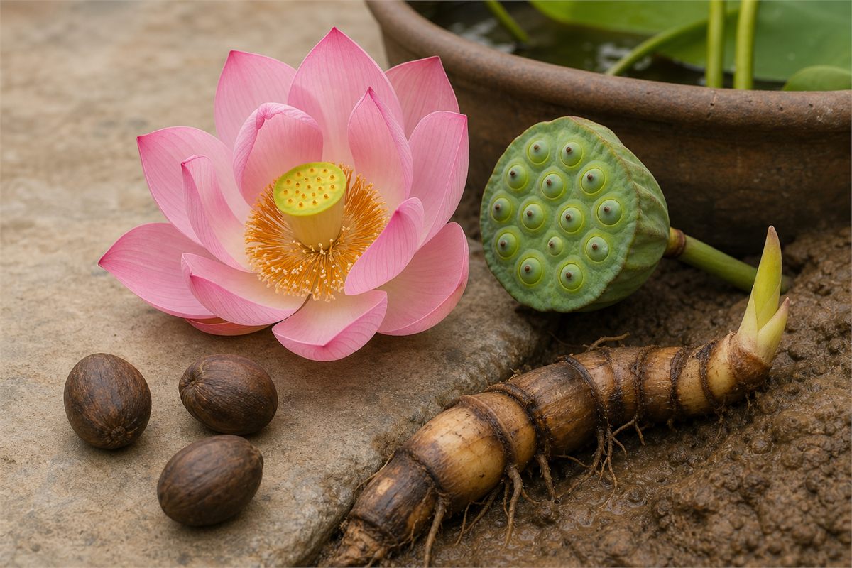 Pink sacred lotus flower with cone-shaped receptacle, mature seed head, fruits, and segmented rhizome in wet clay