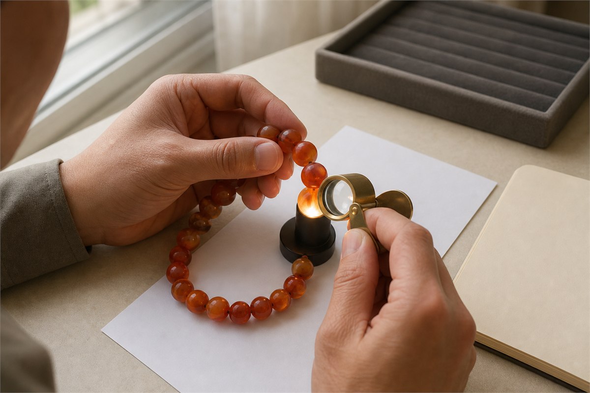 Hands examining a carnelian bead strand with a loupe and soft transmitted light over white paper