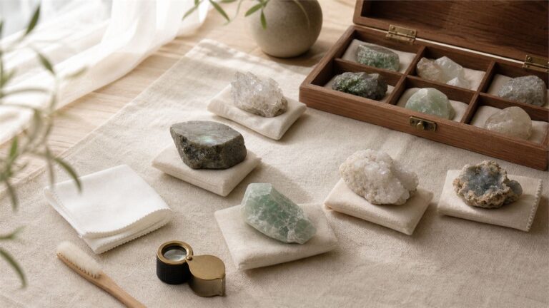 Dry crystal care workbench with lint-free cloth, soft brush, loupe, padded stones, and divided storage box