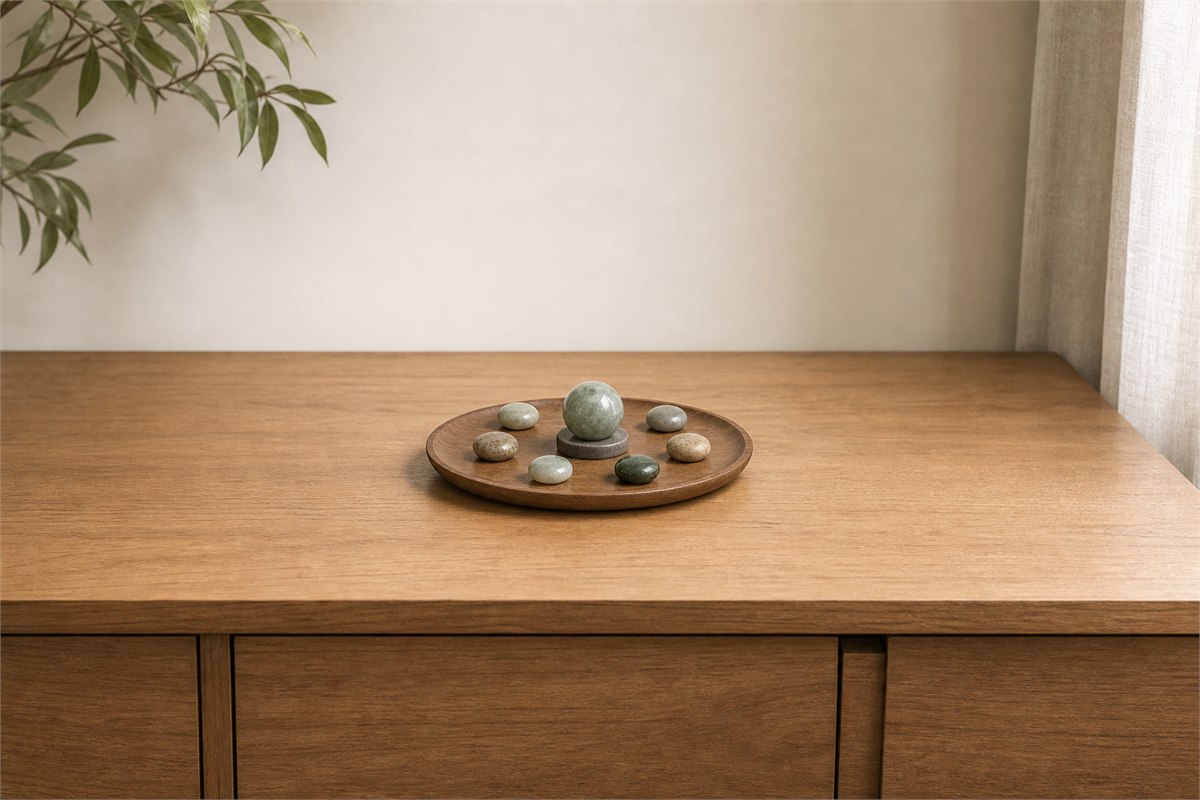 Seven-stone grid placed well back from the edge of a low stable cabinet in a calm room.