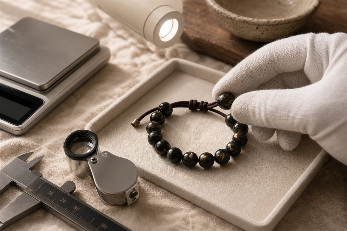 Gold sheen obsidian bracelet examined with neutral light, loupe, caliper, and scale
