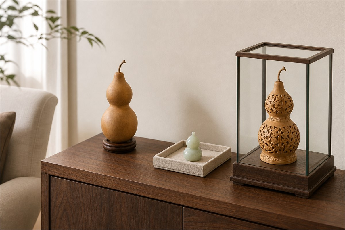 Natural gourd on a fitted wooden base, jade hulu in a padded tray, and carved gourd protected in a glass case