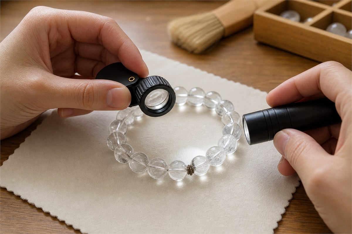Intact crystal jewelry observed with a loupe and soft white light while damaging test tools are absent