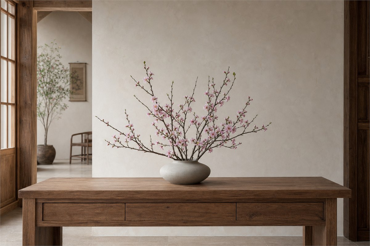 Fresh peach blossom branches in a wide stable ceramic vase centered on a sturdy table away from edges and electronics