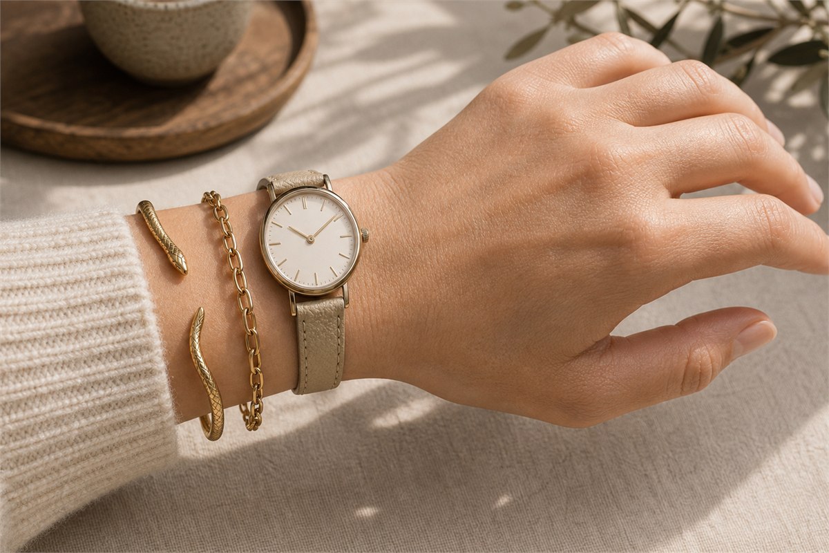 Slim snake cuff worn with a plain chain bracelet and watch, leaving visible space between hard edges