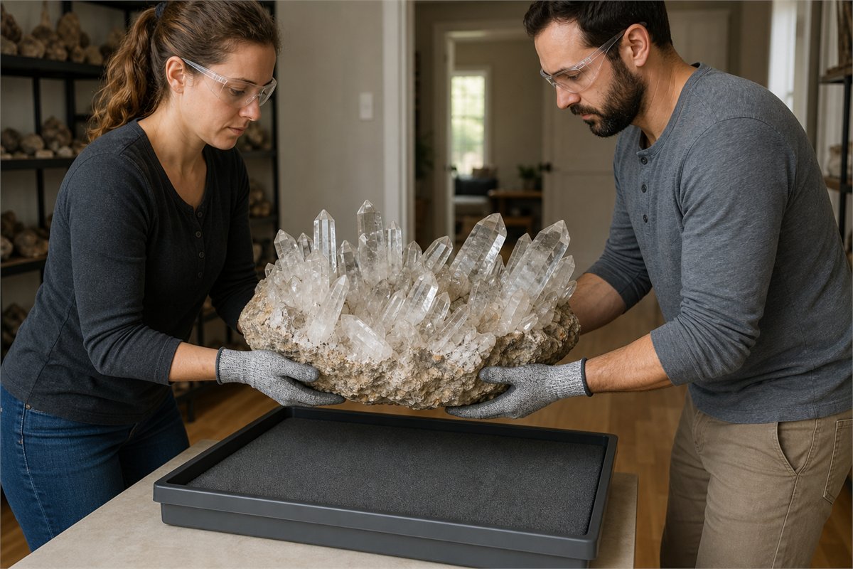 Two adults wearing cut-resistant gloves and eye protection support a large quartz cluster by its matrix