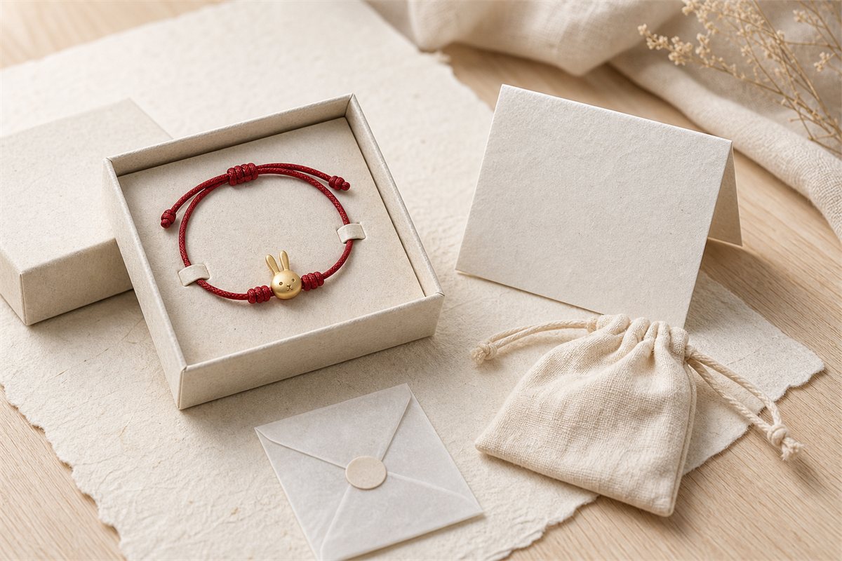 Small red cord Rabbit bracelet secured inside a paper gift box with a blank card and cotton keepsake pouch