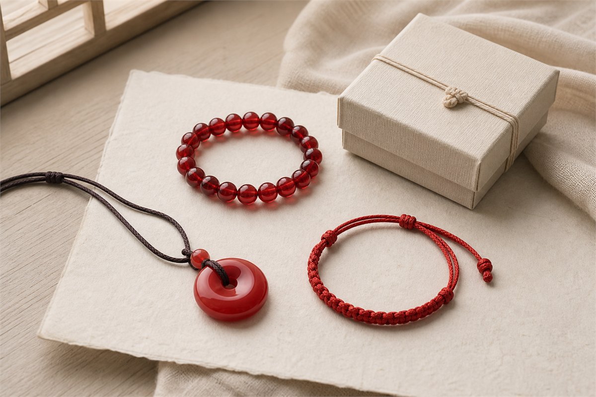 Red glass bracelet, red ceramic pendant, textile cord bracelet, and neutral gift box