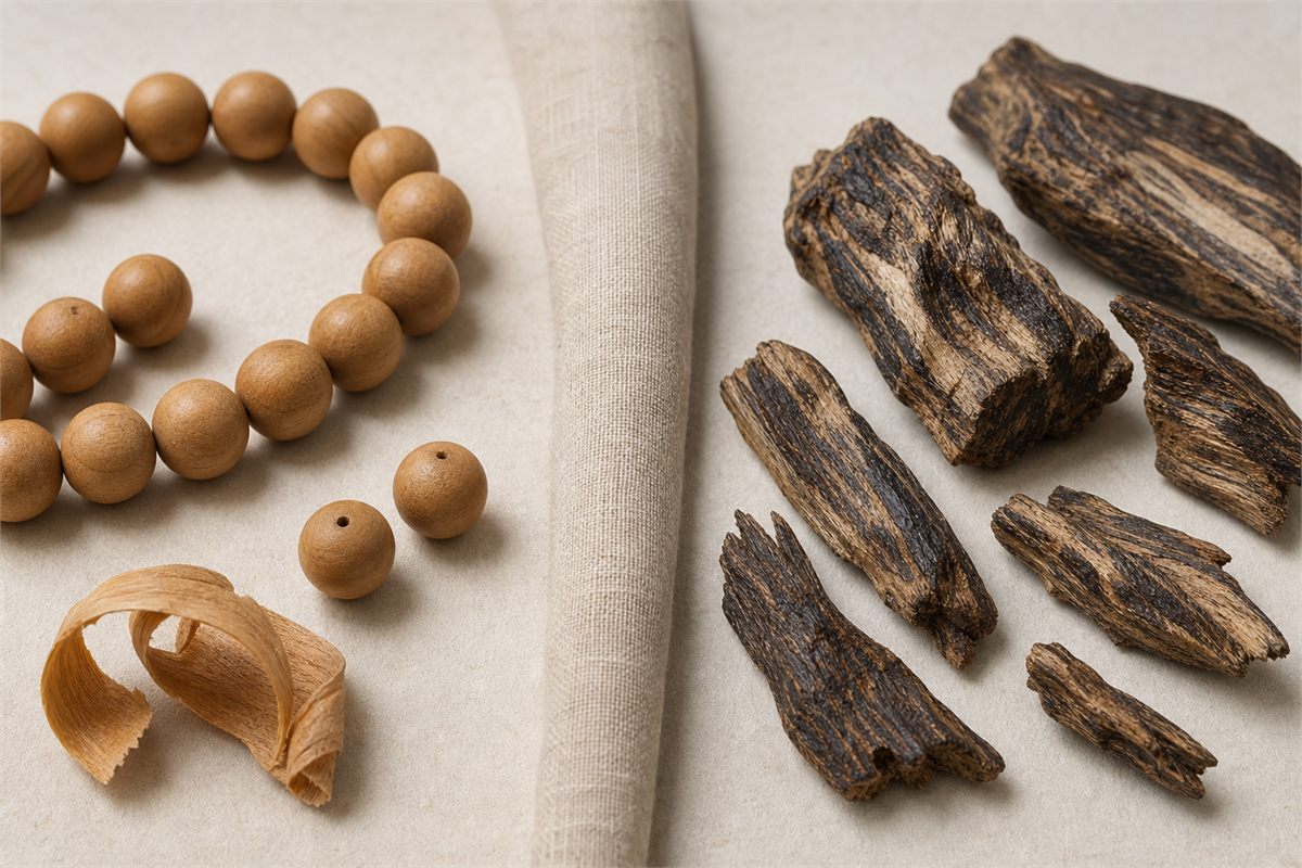 Pale sandalwood beads separated from dark resin-streaked agarwood chips