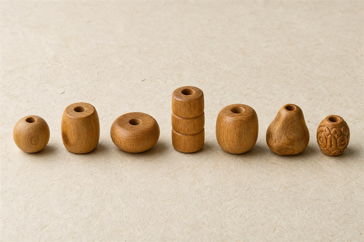 Round, barrel, abacus, bamboo-section, drum, freeform, and carved sandalwood beads