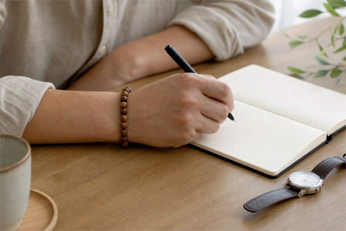 Sandalwood bracelet on a writing wrist with a watch resting separately nearby