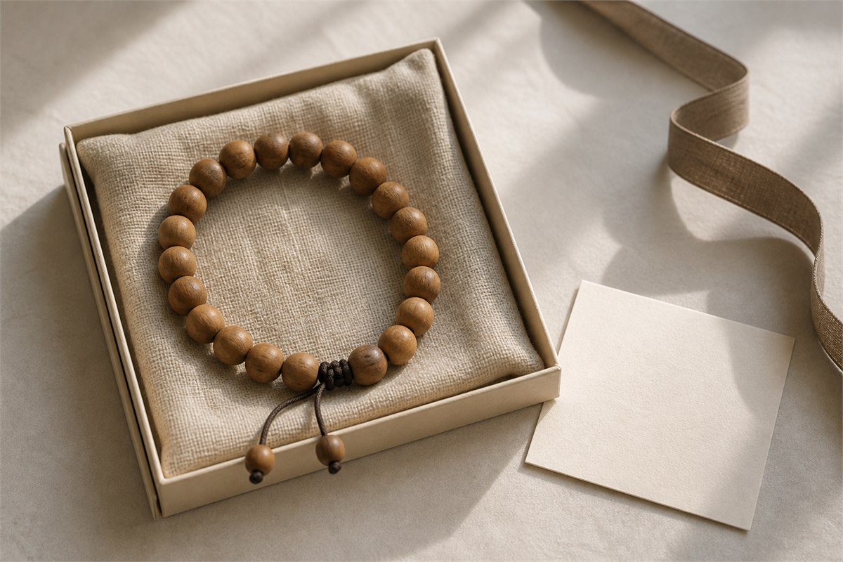Sandalwood bracelet in an ivory paper and linen gift box with a blank card