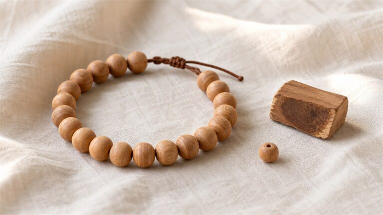 Sandalwood bead bracelet with a heartwood sample on ivory linen