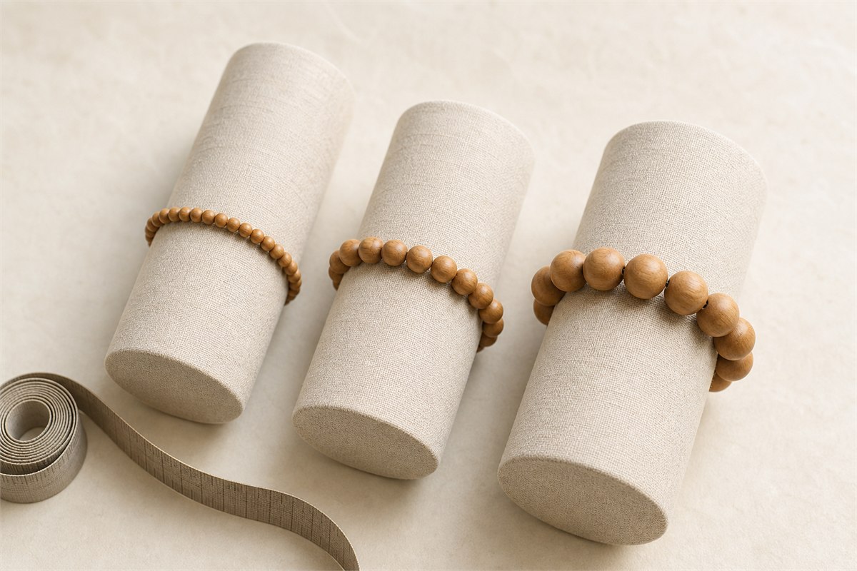 Small, medium, and large sandalwood bead bracelets on neutral wrist forms